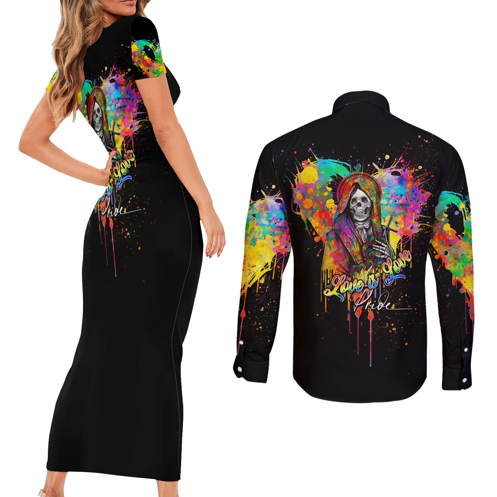 lgbt-couples-matching-short-sleeve-bodycon-dress-and-long-sleeve-button-shirts-love-is-love-pride