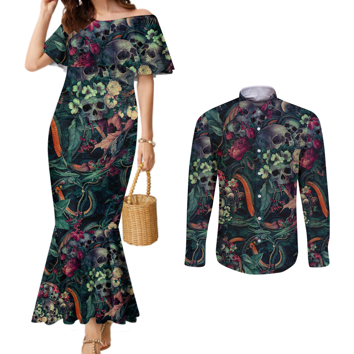 skulls-and-snakes-couples-matching-mermaid-dress-and-long-sleeve-button-shirt