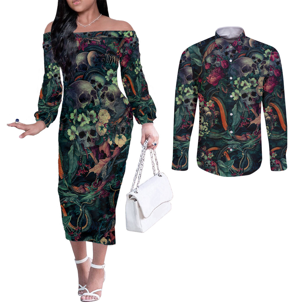 skulls-and-snakes-couples-matching-off-the-shoulder-long-sleeve-dress-and-long-sleeve-button-shirt
