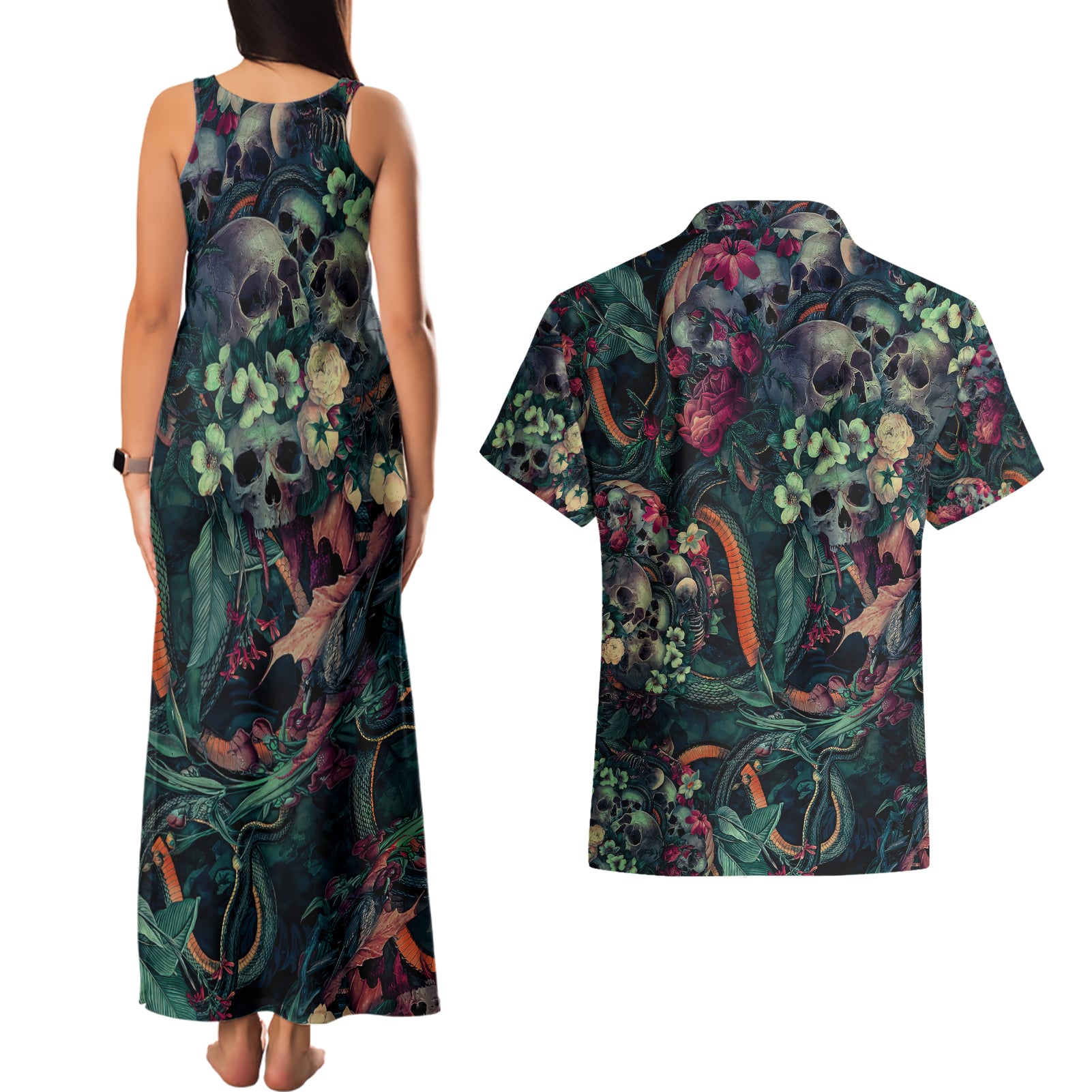 skulls-and-snakes-couples-matching-tank-maxi-dress-and-hawaiian-shirt
