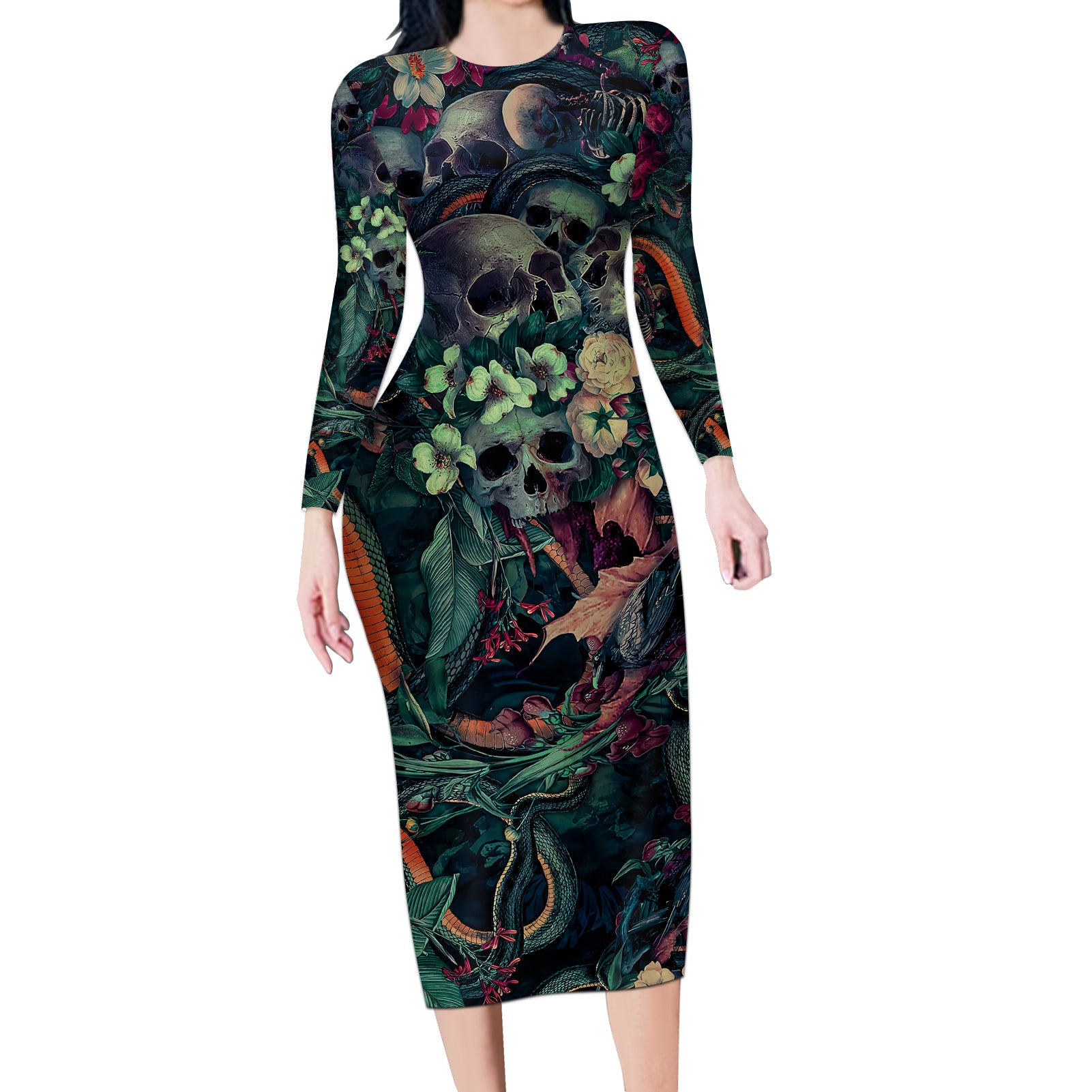 skulls-and-snakes-long-sleeve-bodycon-dress