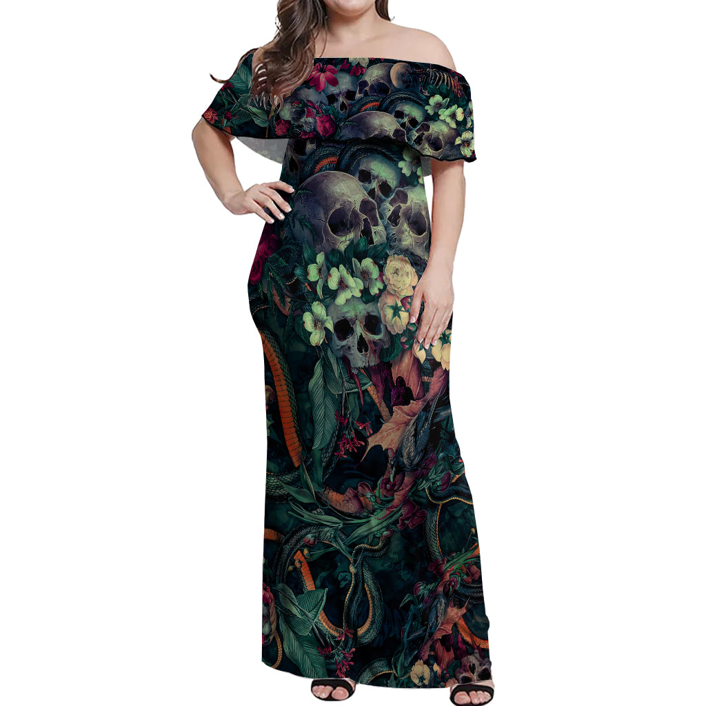 skulls-and-snakes-off-shoulder-maxi-dress