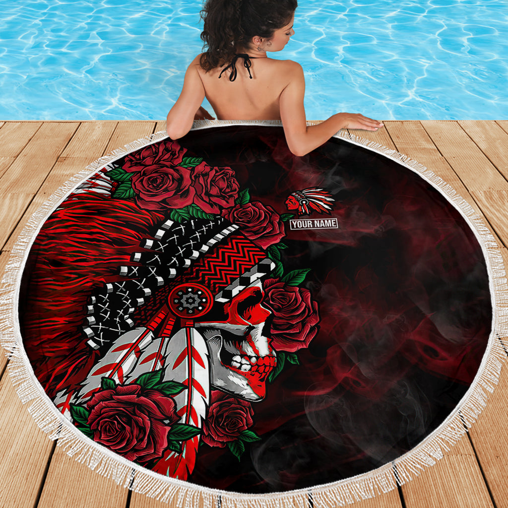 personalised-native-american-chief-skull-beach-blanket-rose-skull