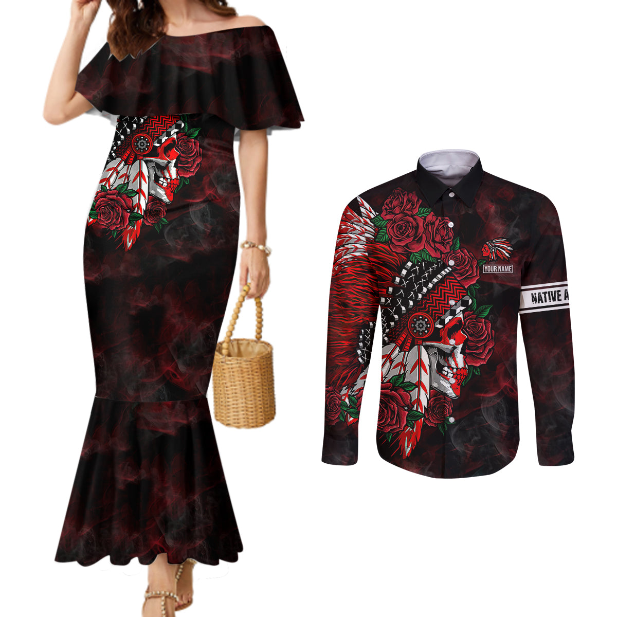 personalised-native-american-chief-skull-couples-matching-mermaid-dress-and-long-sleeve-button-shirts-rose-skull