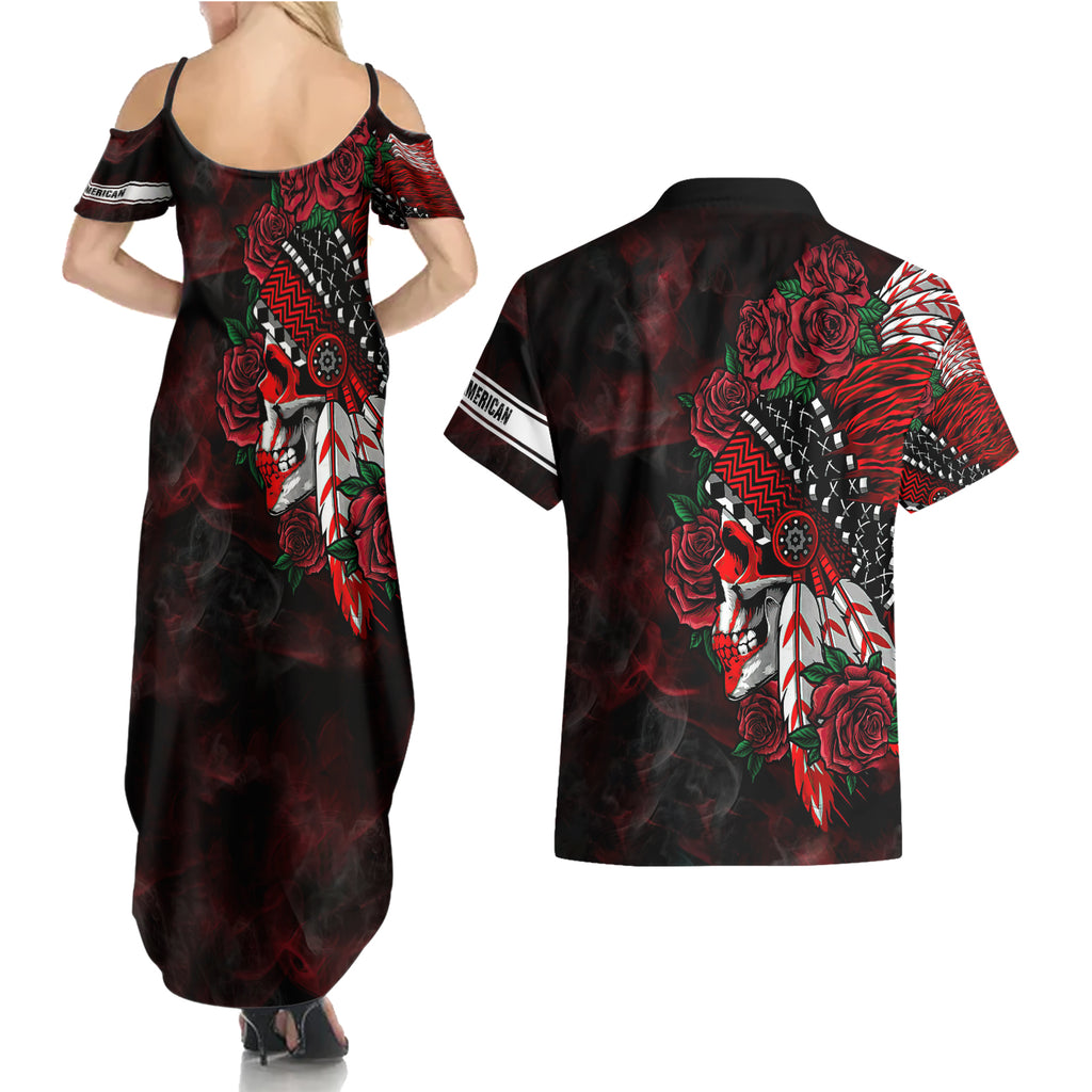 personalised-native-american-chief-skull-couples-matching-summer-maxi-dress-and-hawaiian-shirt-rose-skull