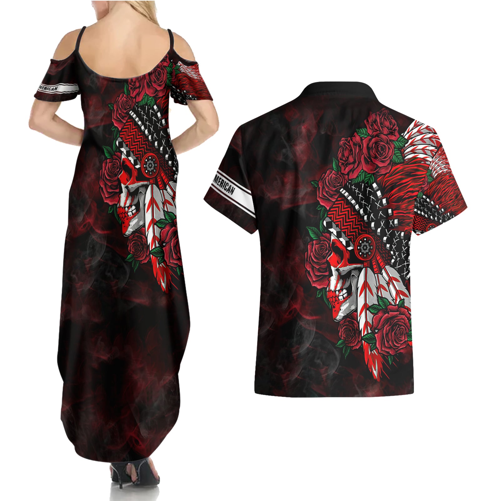 personalised-native-american-chief-skull-couples-matching-summer-maxi-dress-and-hawaiian-shirt-rose-skull