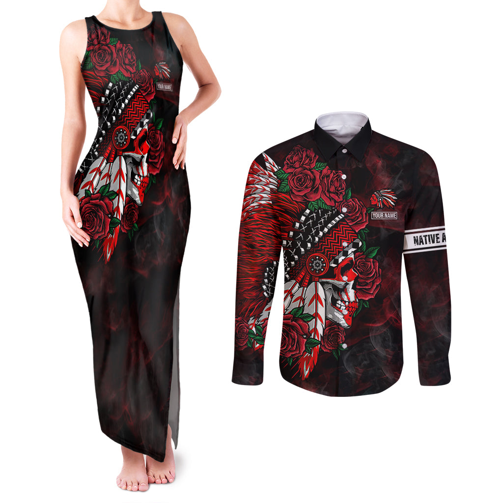 personalised-native-american-chief-skull-couples-matching-tank-maxi-dress-and-long-sleeve-button-shirts-rose-skull