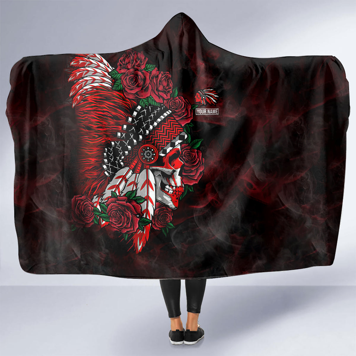 personalised-native-american-chief-skull-hooded-blanket-rose-skull