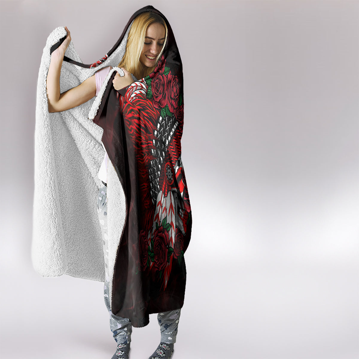 personalised-native-american-chief-skull-hooded-blanket-rose-skull
