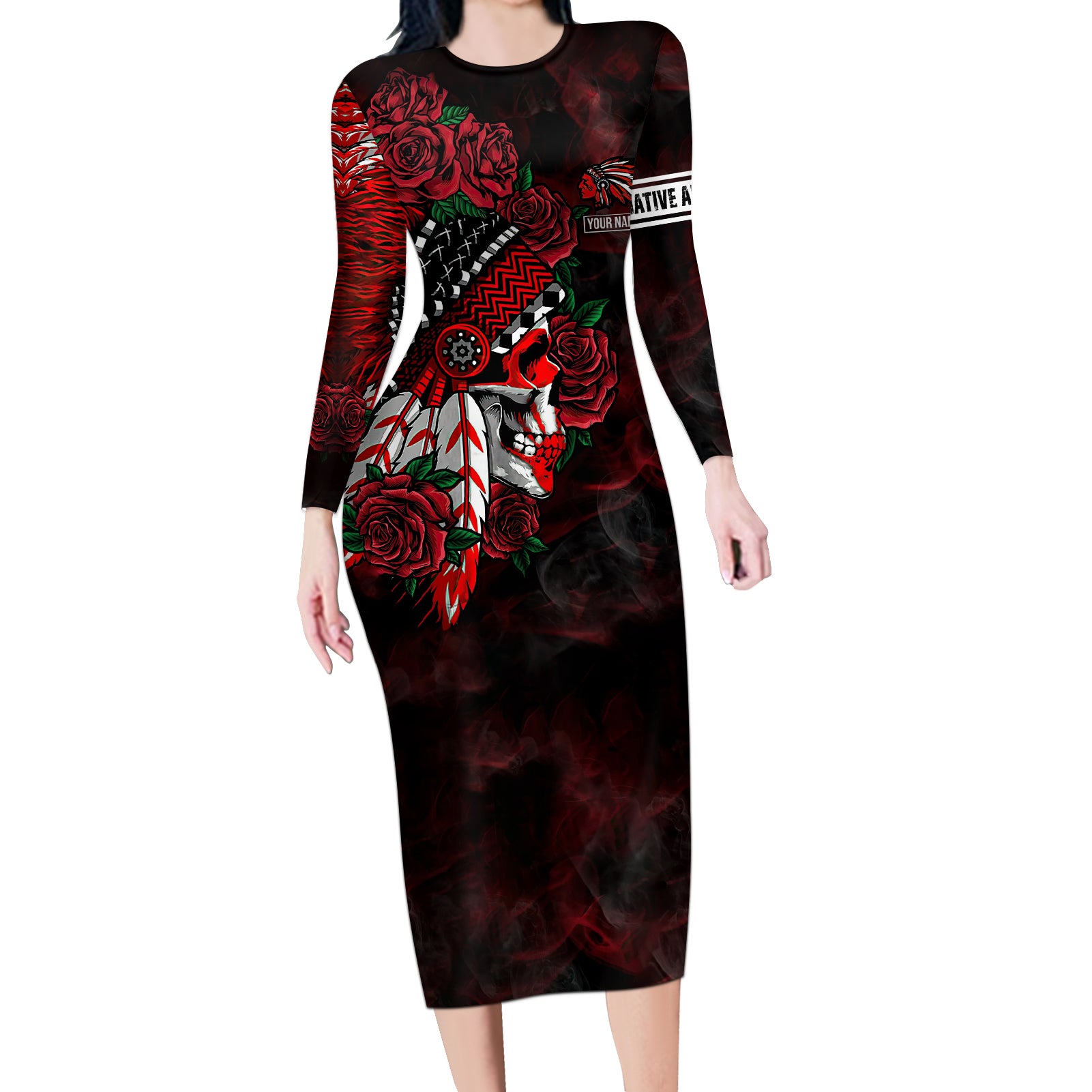 personalised-native-american-chief-skull-long-sleeve-bodycon-dress-rose-skull