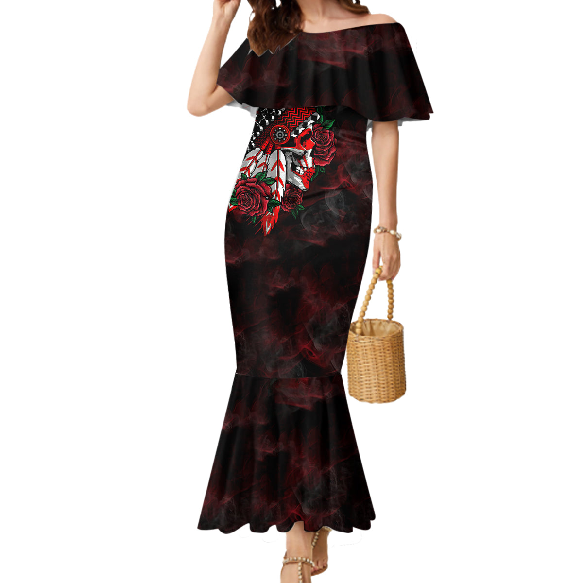 personalised-native-american-chief-skull-mermaid-dress-rose-skull