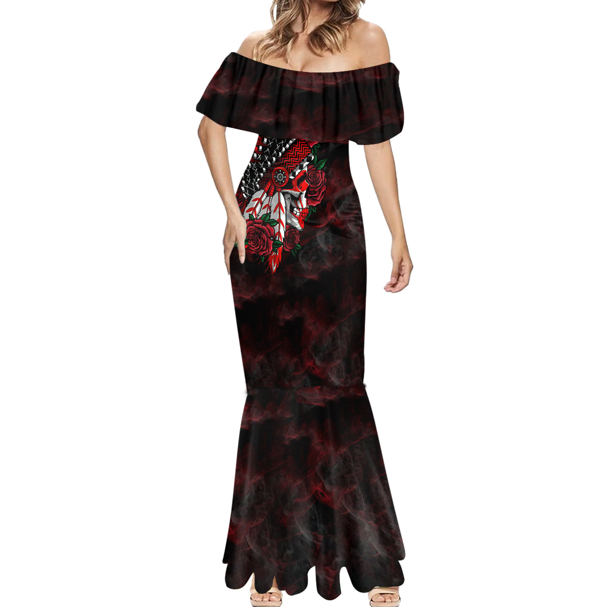 personalised-native-american-chief-skull-mermaid-dress-rose-skull