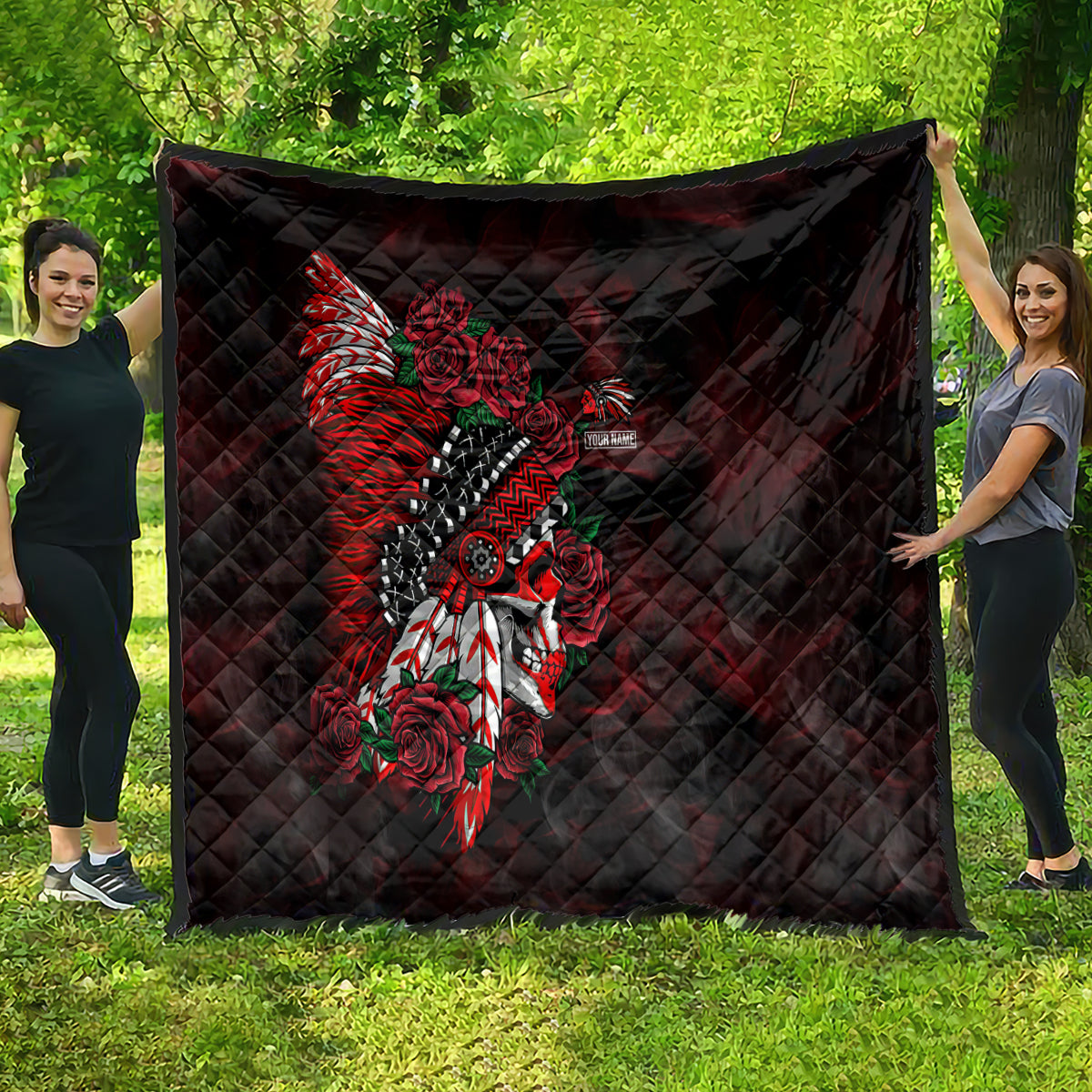 personalised-native-american-chief-skull-quilt-rose-skull
