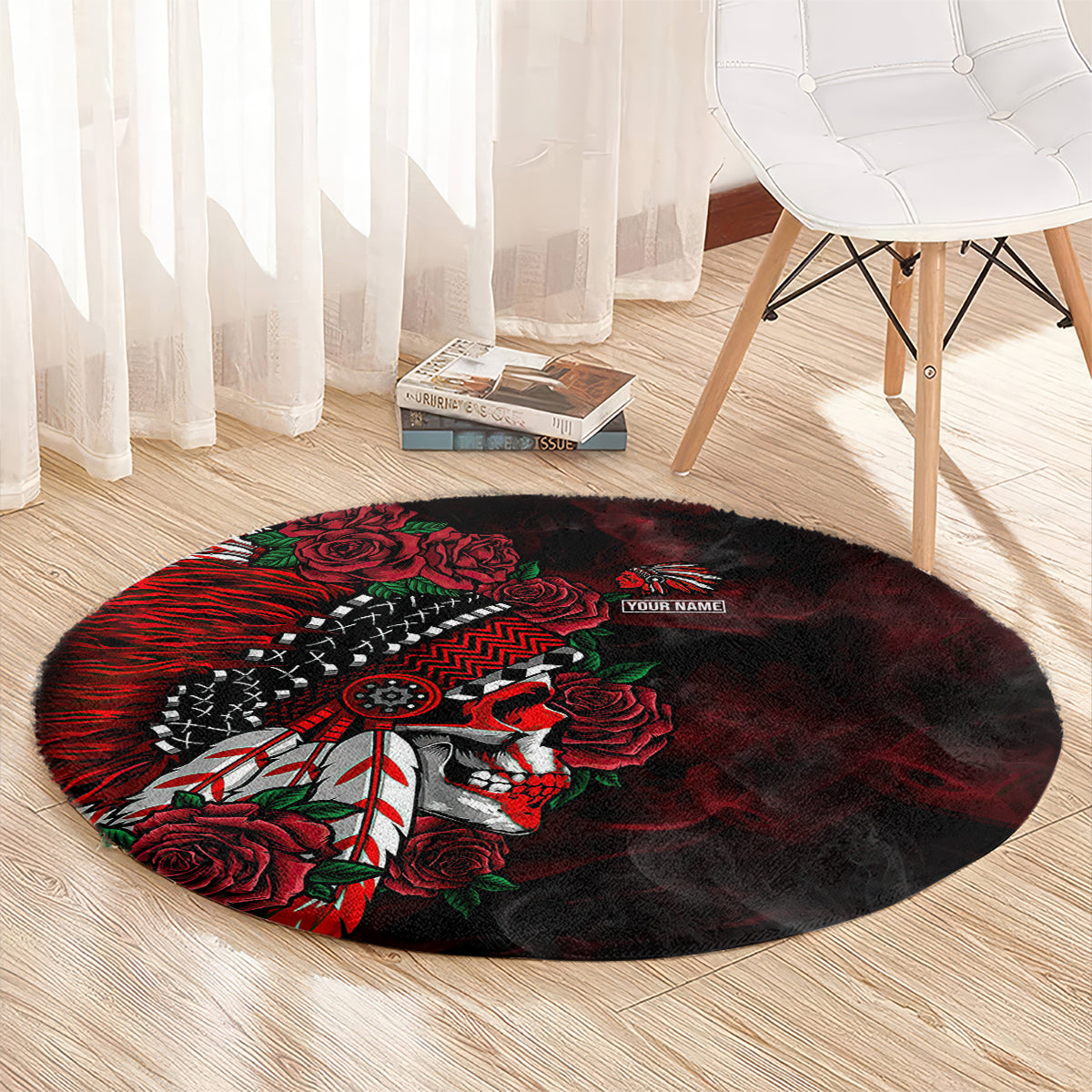 personalised-native-american-chief-skull-round-carpet-rose-skull