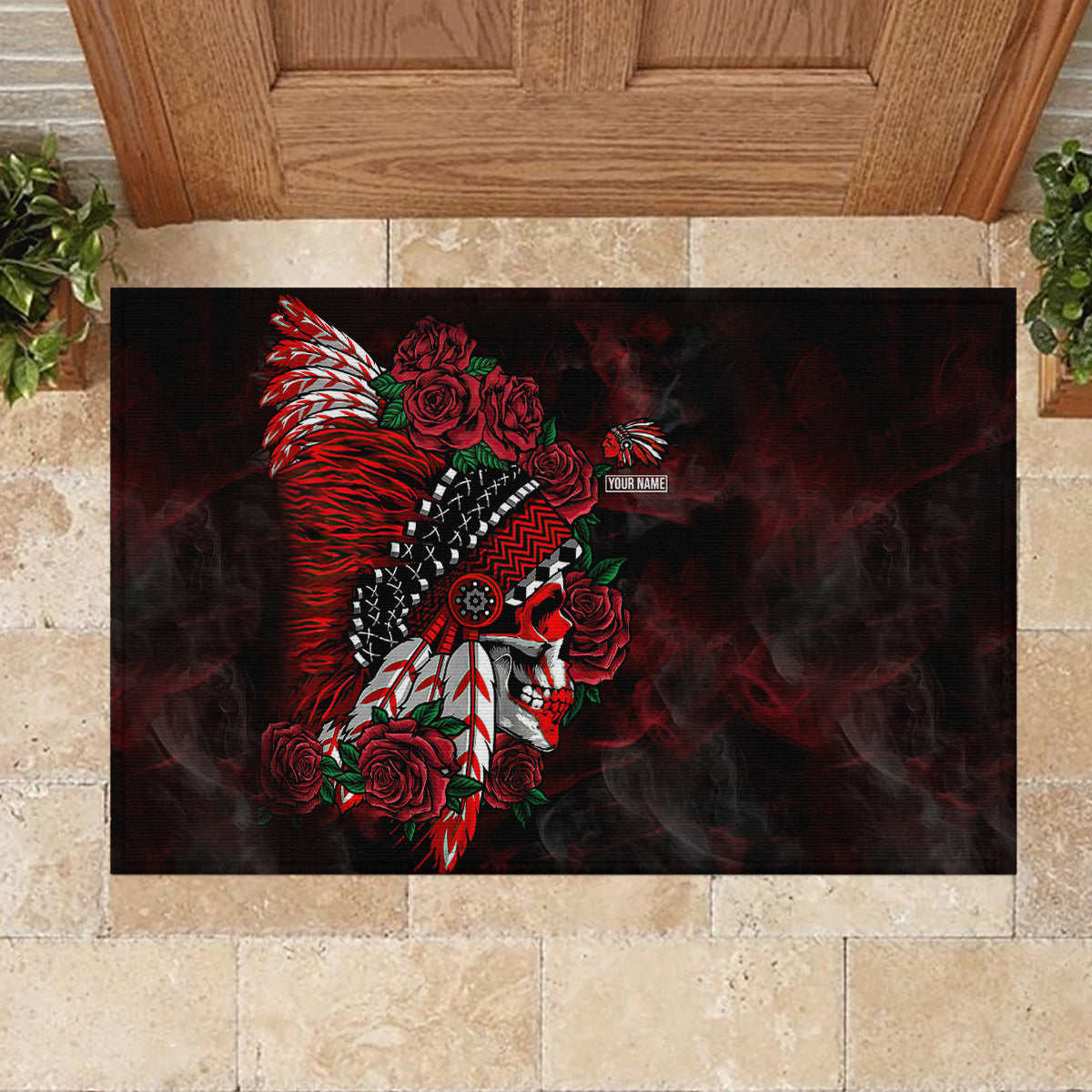 personalised-native-american-chief-skull-rubber-doormat-rose-skull