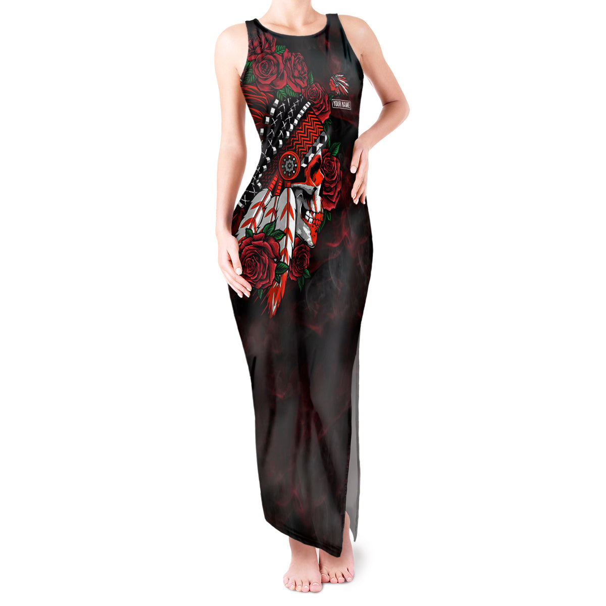 personalised-native-american-chief-skull-tank-maxi-dress-rose-skull