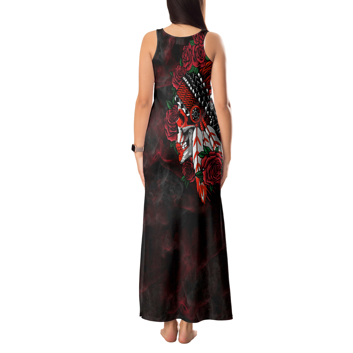 personalised-native-american-chief-skull-tank-maxi-dress-rose-skull