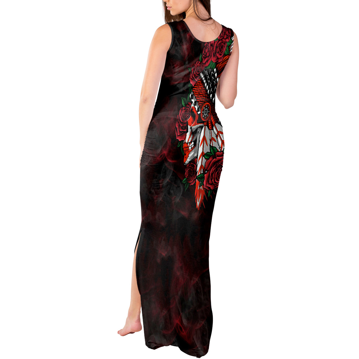 personalised-native-american-chief-skull-tank-maxi-dress-rose-skull