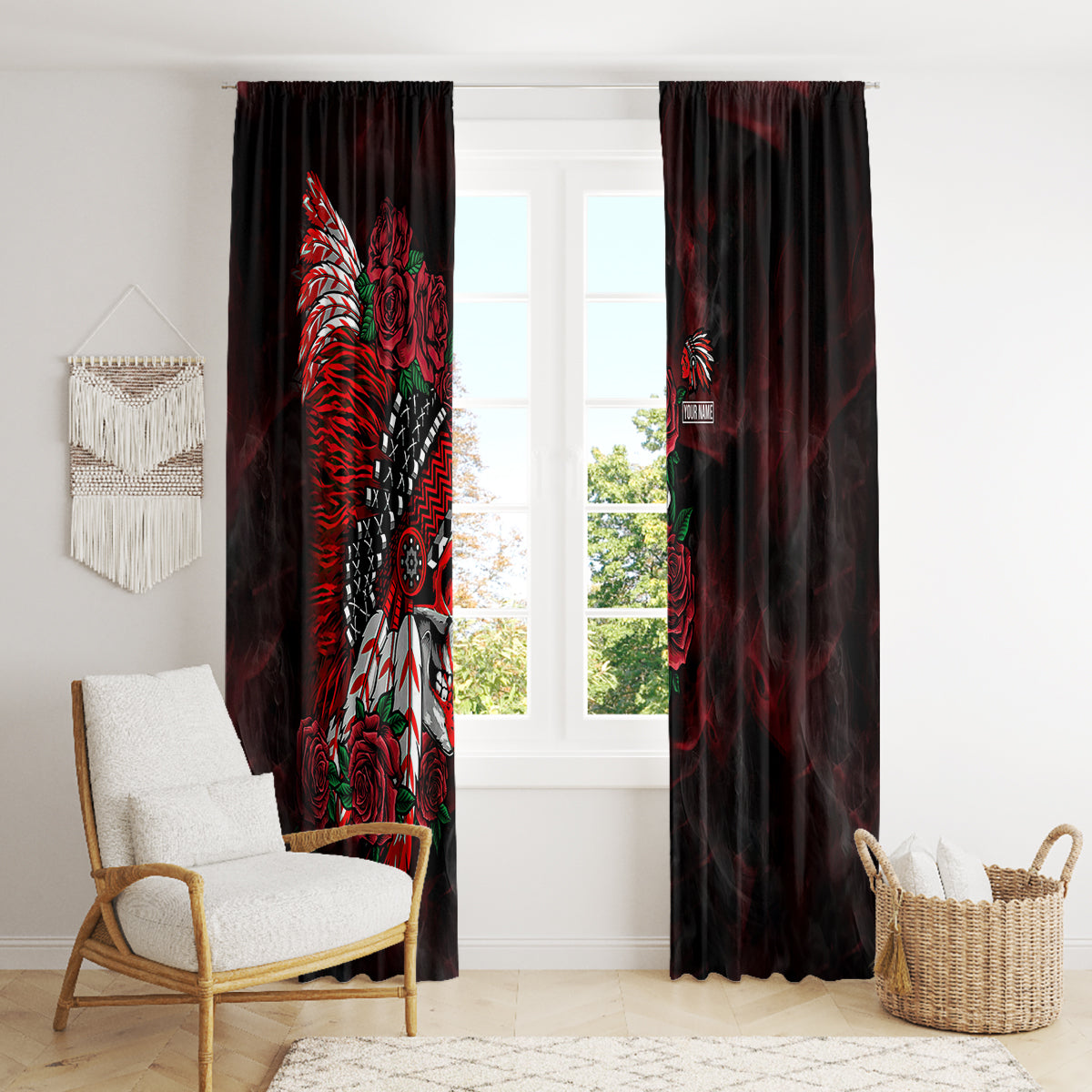 personalised-native-american-chief-skull-window-curtain-rose-skull