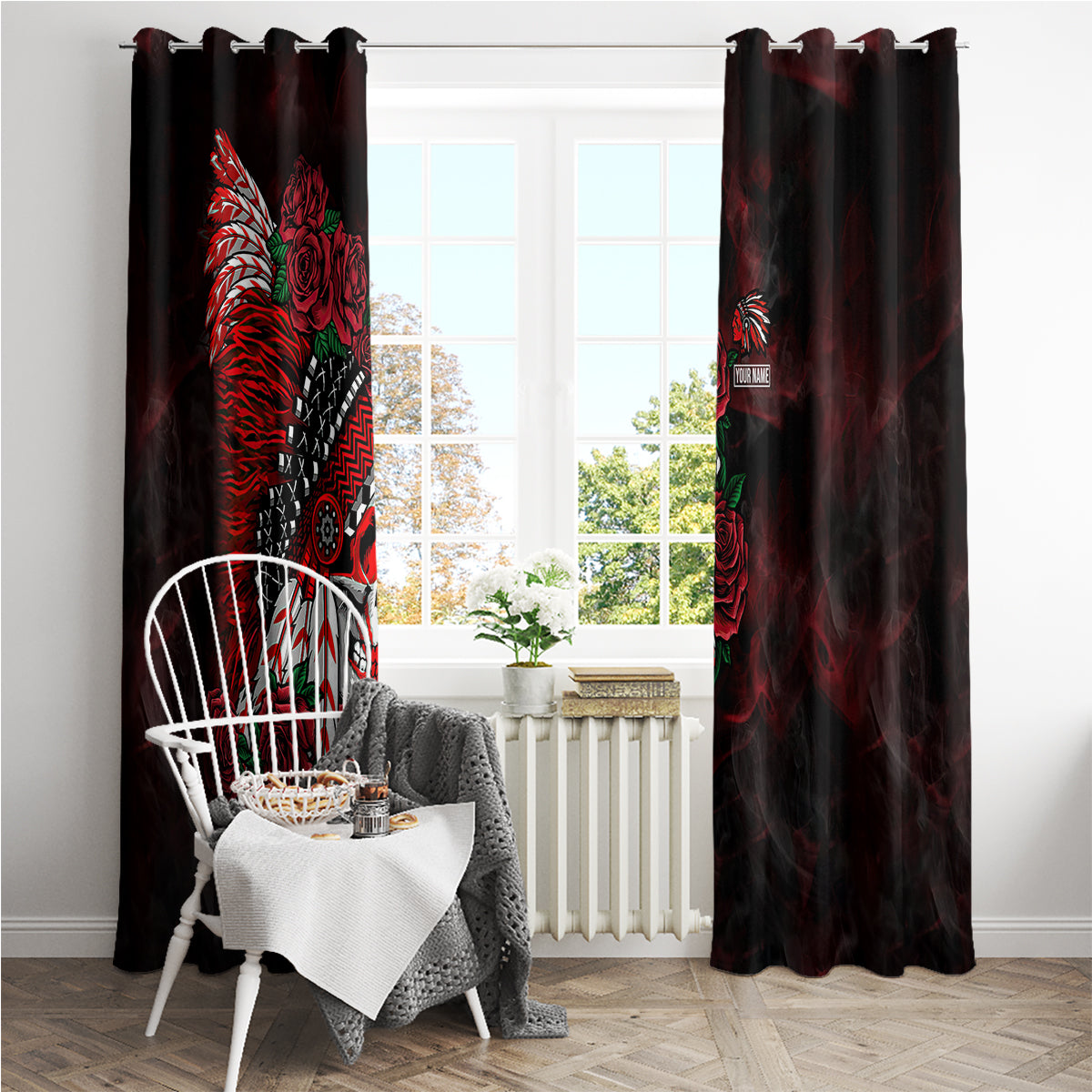 personalised-native-american-chief-skull-window-curtain-rose-skull