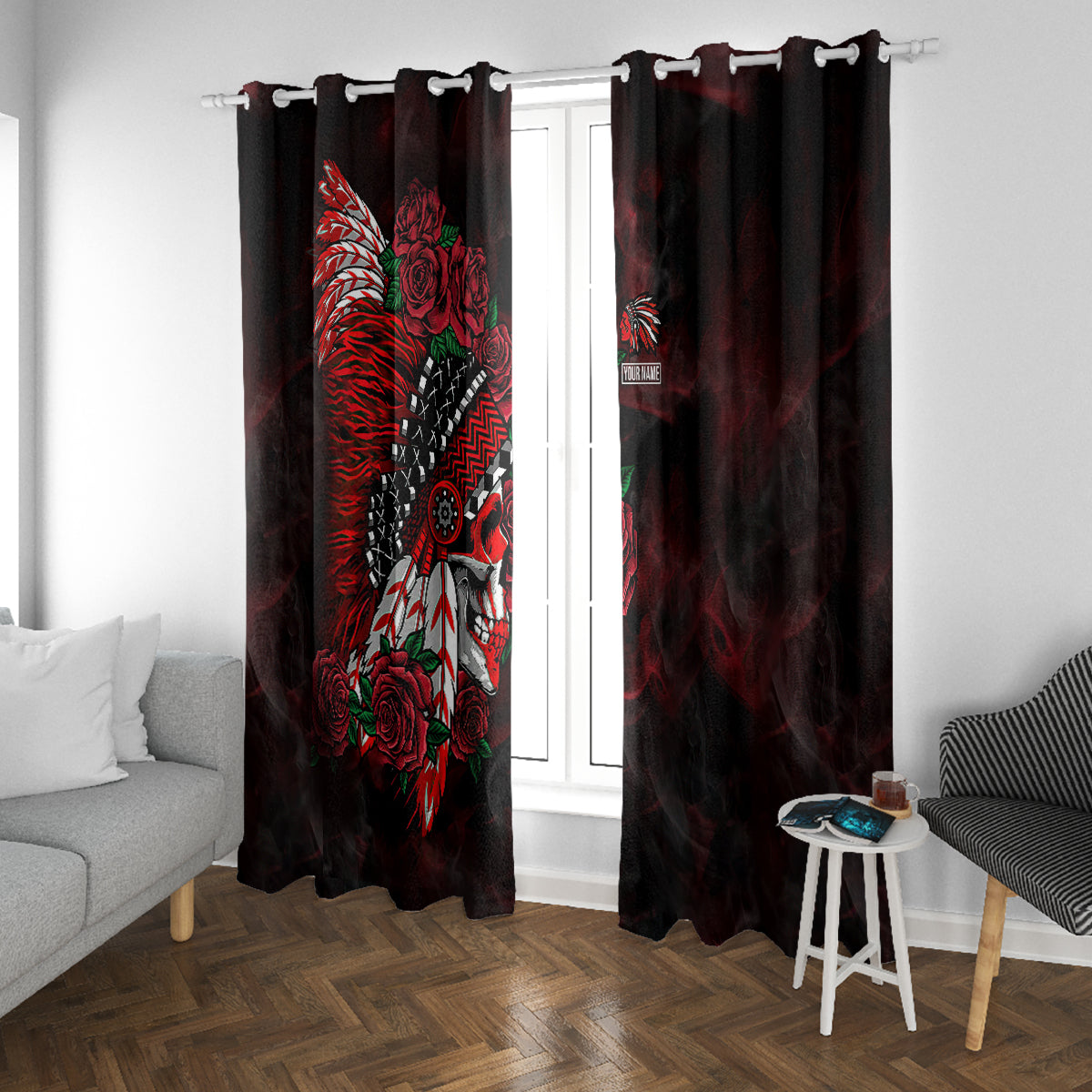 personalised-native-american-chief-skull-window-curtain-rose-skull