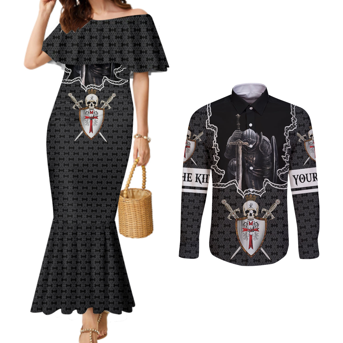 personalised-knights-templar-warrior-skull-couples-matching-mermaid-dress-and-long-sleeve-button-shirts