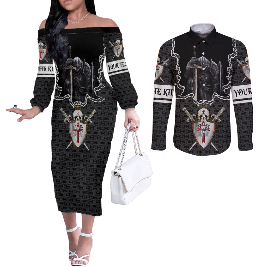 personalised-knights-templar-warrior-skull-couples-matching-off-the-shoulder-long-sleeve-dress-and-long-sleeve-button-shirts