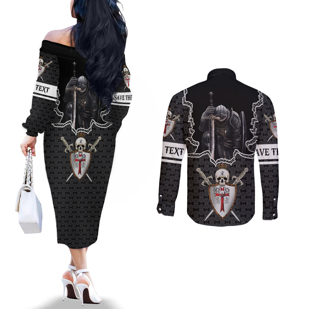 personalised-knights-templar-warrior-skull-couples-matching-off-the-shoulder-long-sleeve-dress-and-long-sleeve-button-shirts