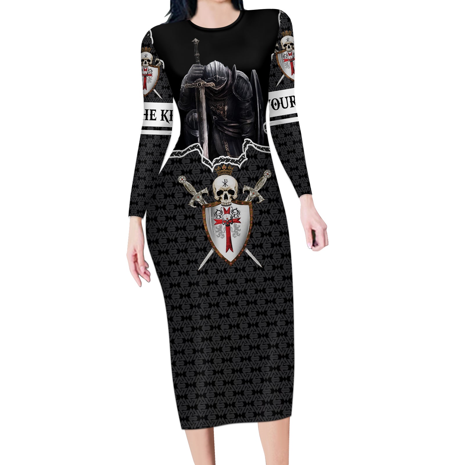 personalised-knights-templar-warrior-skull-long-sleeve-bodycon-dress