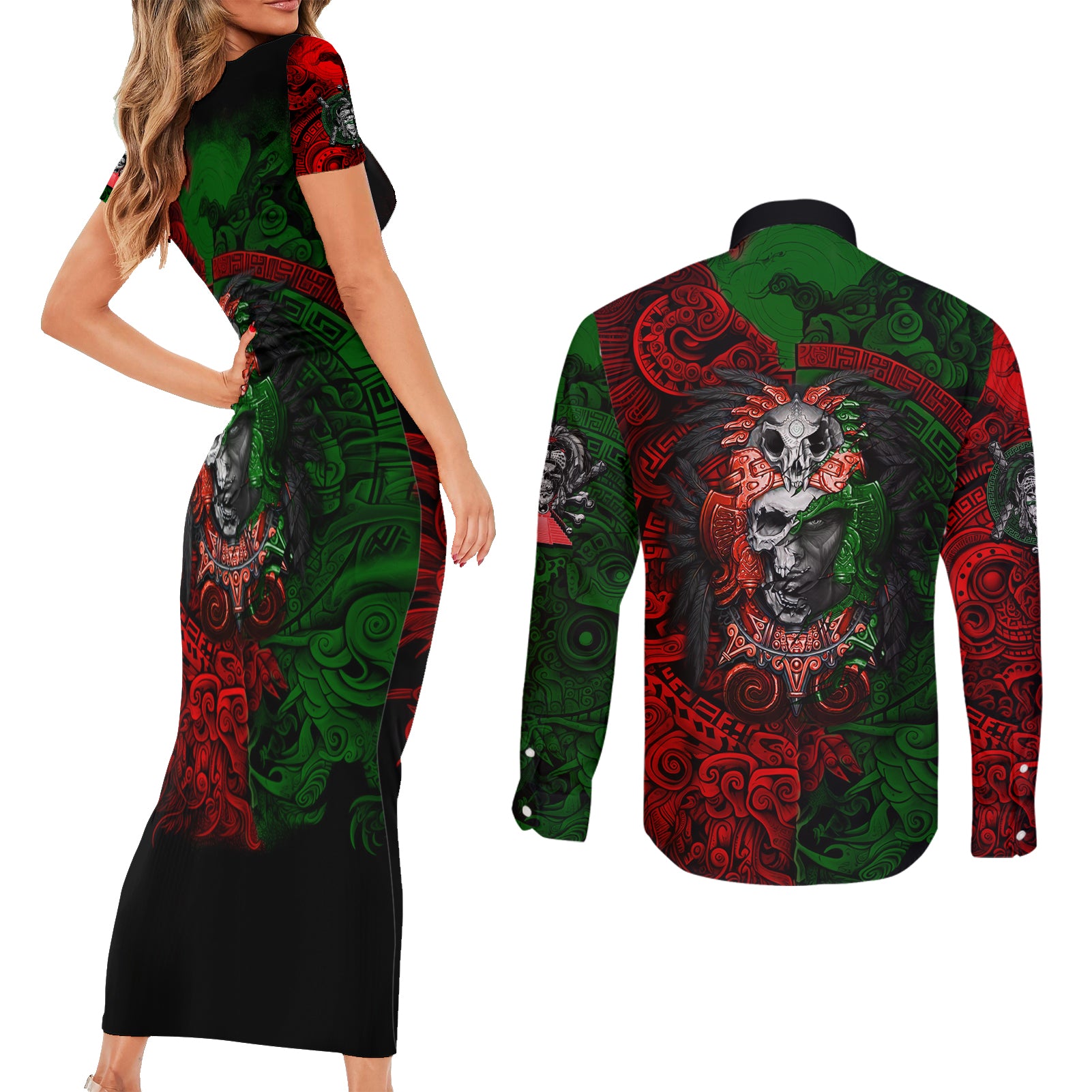 skulls-aztec-warriors-couples-matching-short-sleeve-bodycon-dress-and-long-sleeve-button-shirts