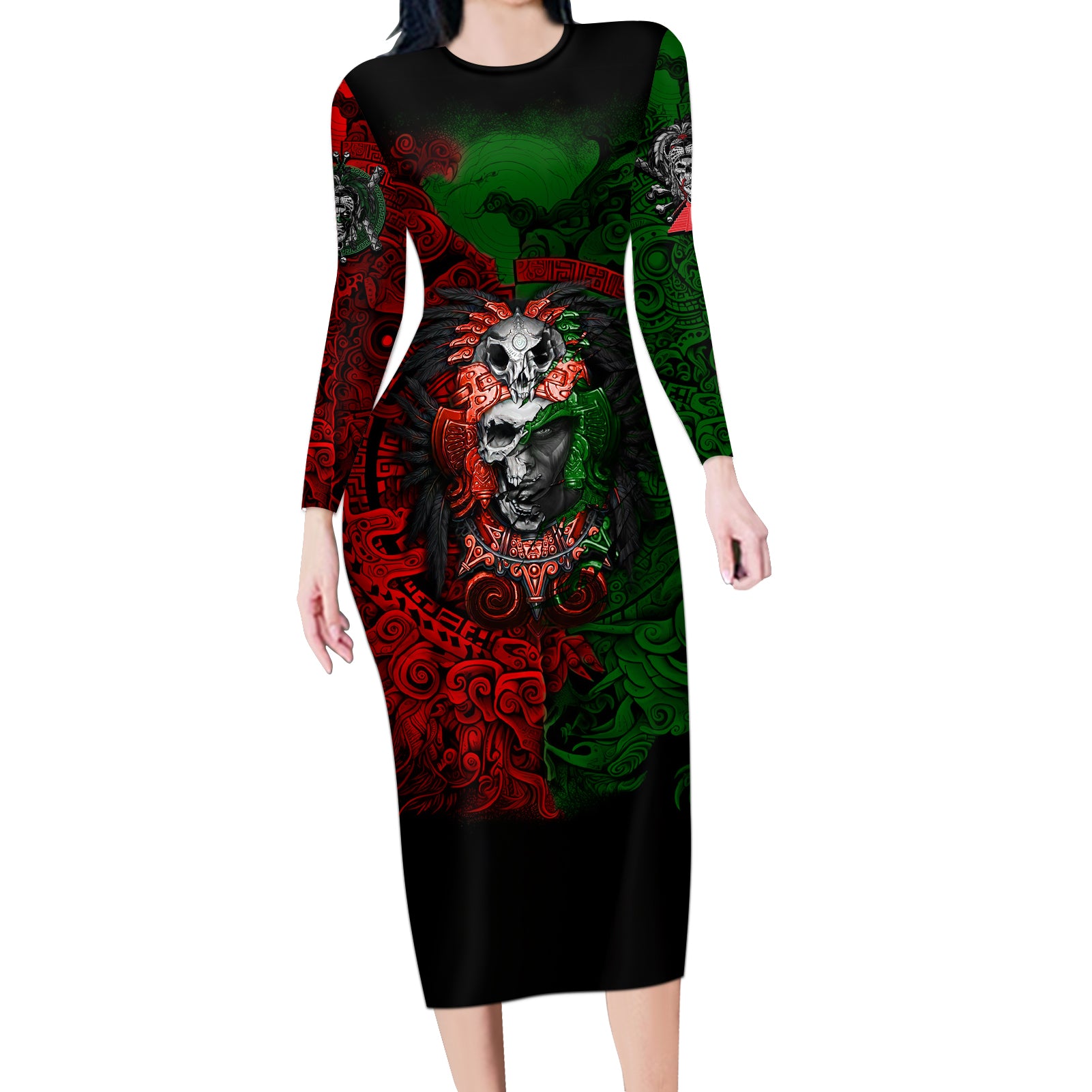 skulls-aztec-warriors-long-sleeve-bodycon-dress