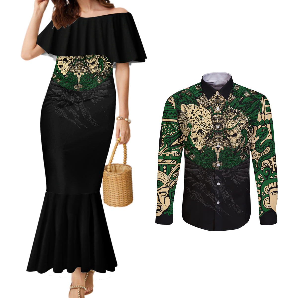aztec-warrior-skulls-couples-matching-mermaid-dress-and-long-sleeve-button-shirts