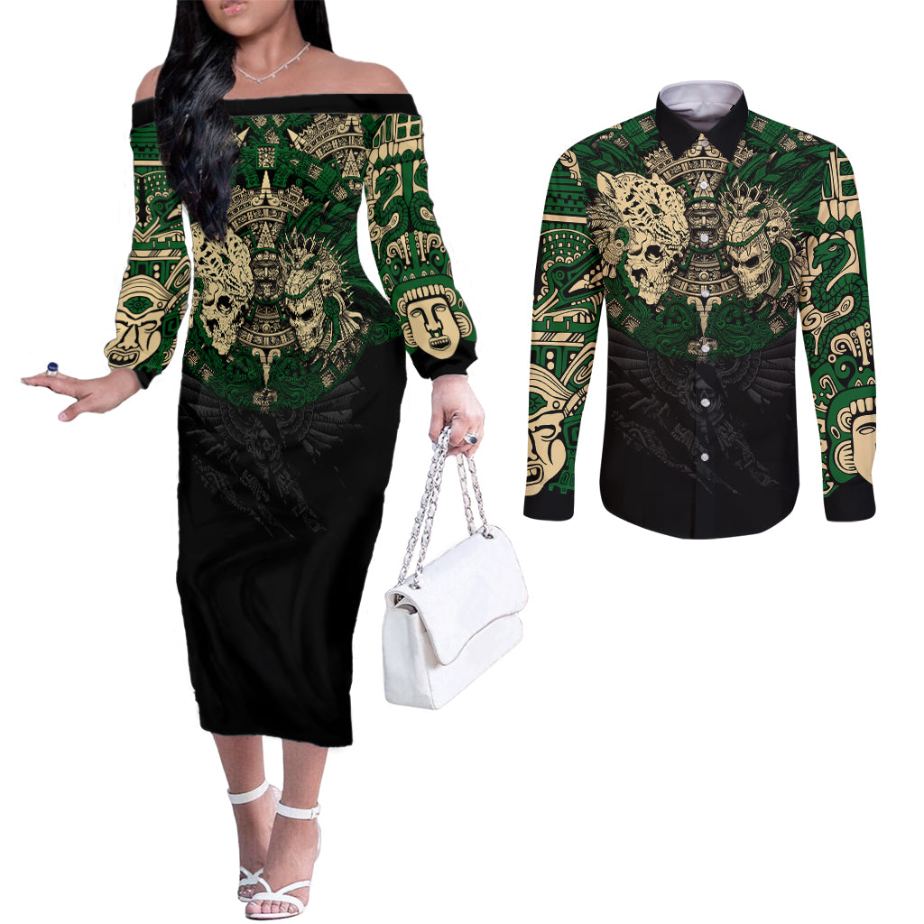 aztec-warrior-skulls-couples-matching-off-the-shoulder-long-sleeve-dress-and-long-sleeve-button-shirts