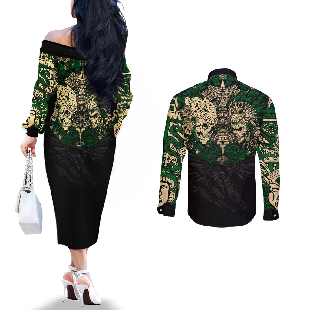 aztec-warrior-skulls-couples-matching-off-the-shoulder-long-sleeve-dress-and-long-sleeve-button-shirts