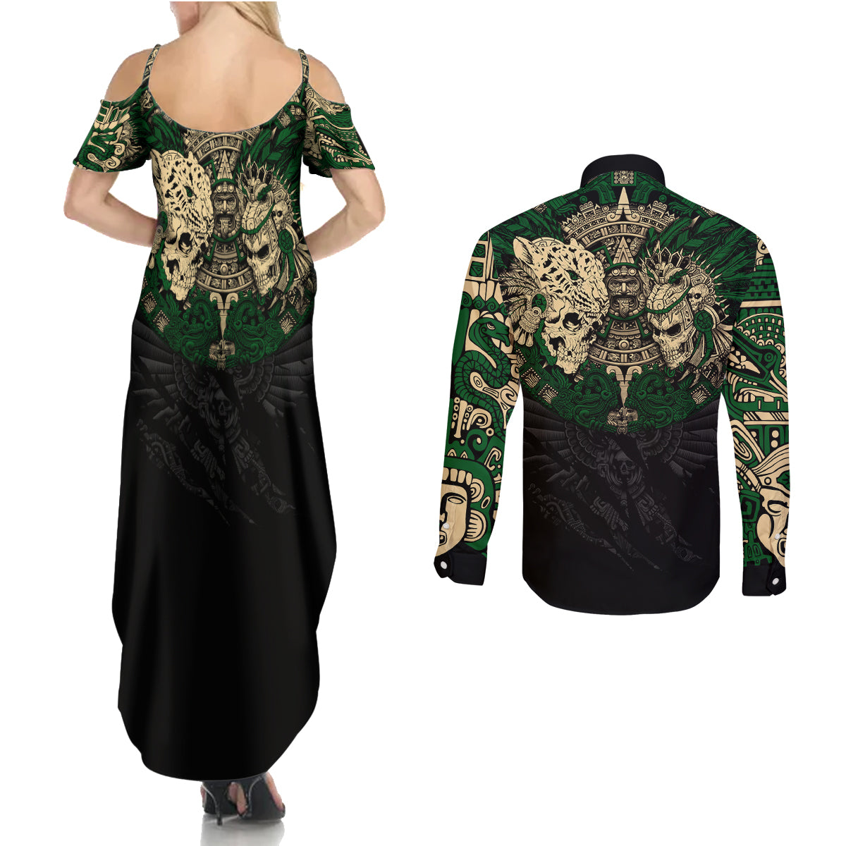 aztec-warrior-skulls-couples-matching-summer-maxi-dress-and-long-sleeve-button-shirts