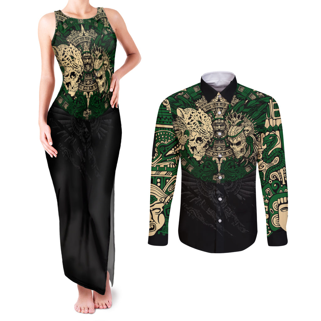 aztec-warrior-skulls-couples-matching-tank-maxi-dress-and-long-sleeve-button-shirts