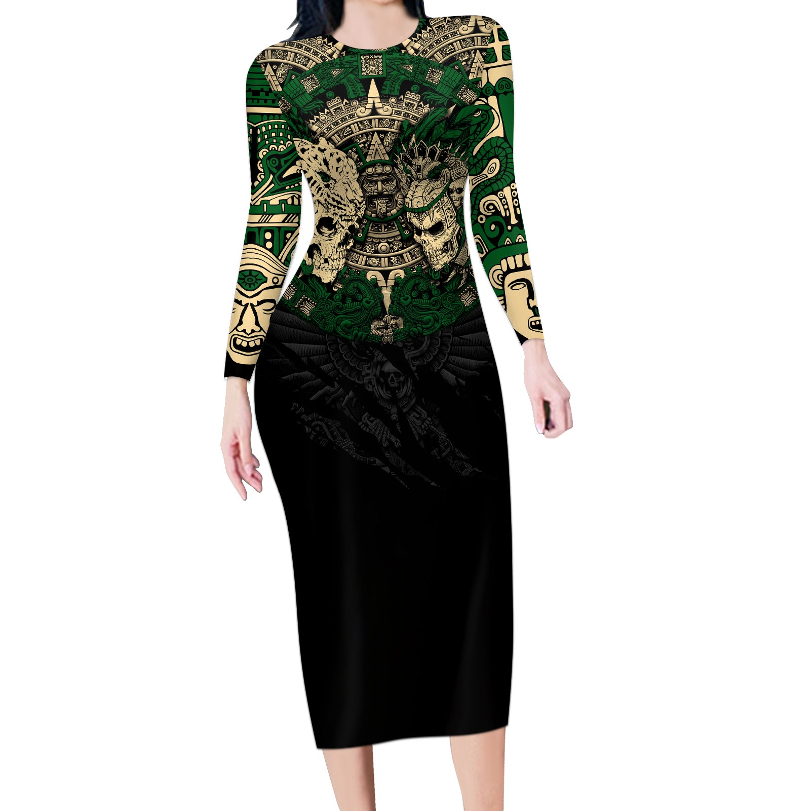 aztec-warrior-skulls-long-sleeve-bodycon-dress