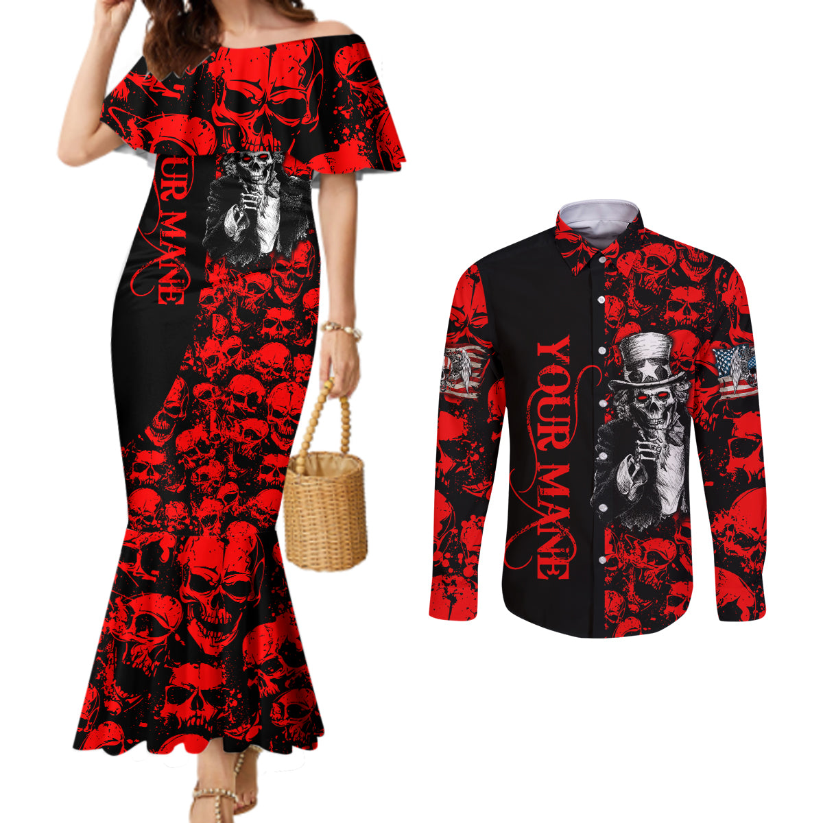 zombie-army-couples-matching-mermaid-dress-and-long-sleeve-button-shirts-i-want-you