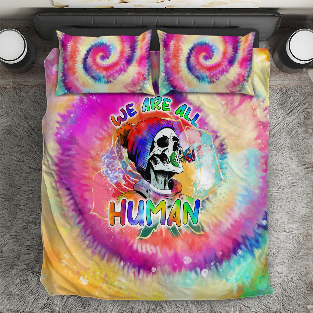 we-are-all-human-lgbt-bedding-set-skull-tie-dye