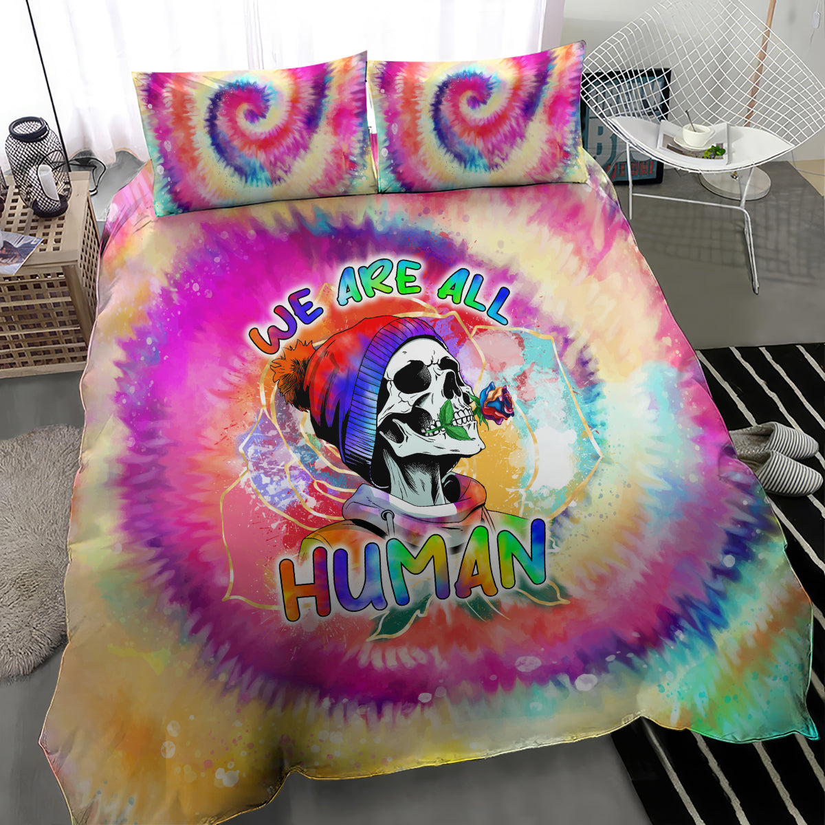 we-are-all-human-lgbt-bedding-set-skull-tie-dye