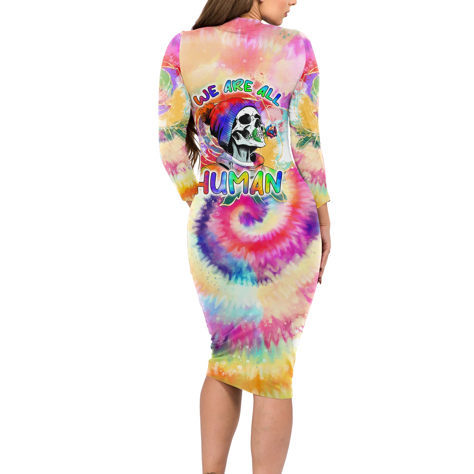 we-are-all-human-lgbt-long-sleeve-bodycon-dress-skull-tie-dye