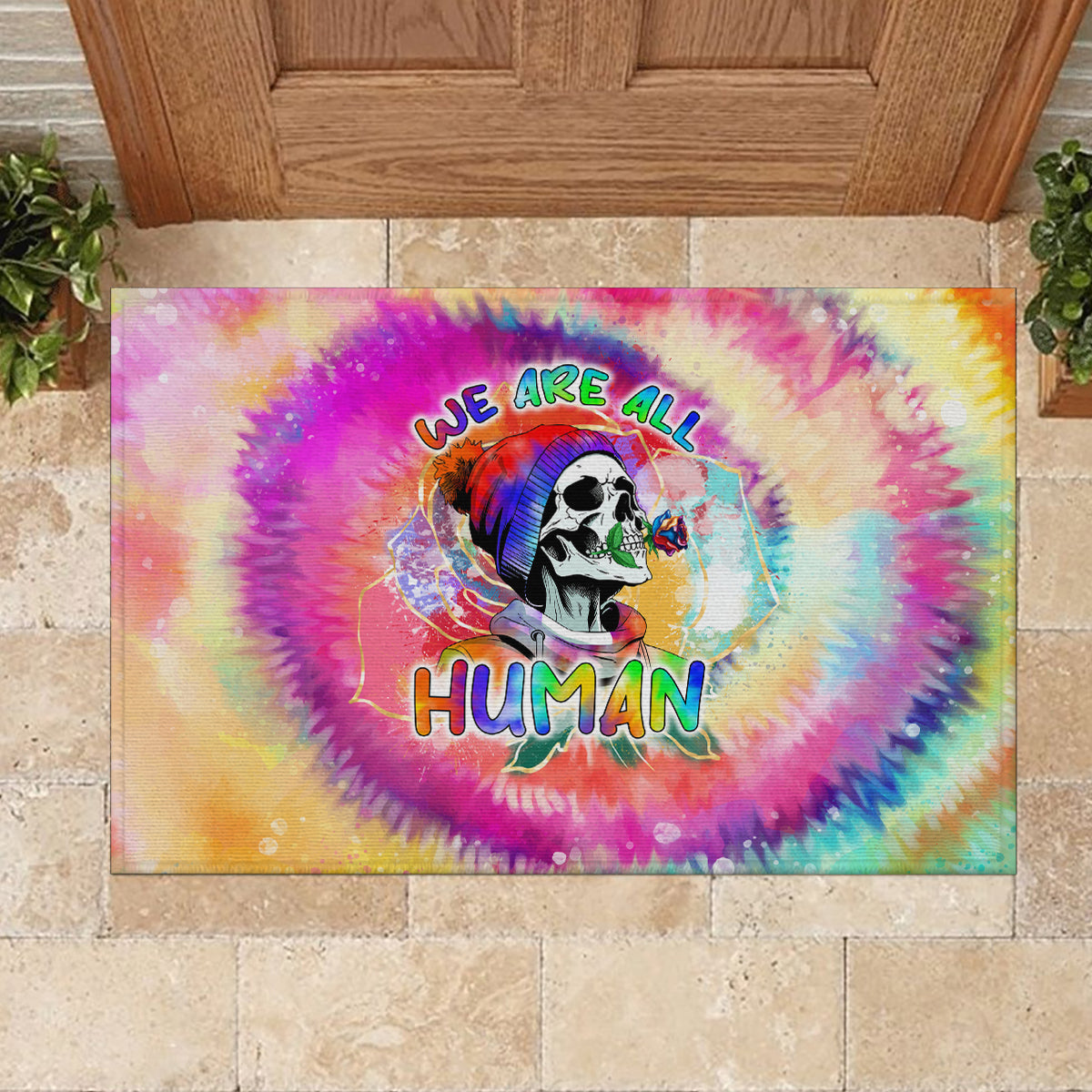 we-are-all-human-lgbt-rubber-doormat-skull-tie-dye