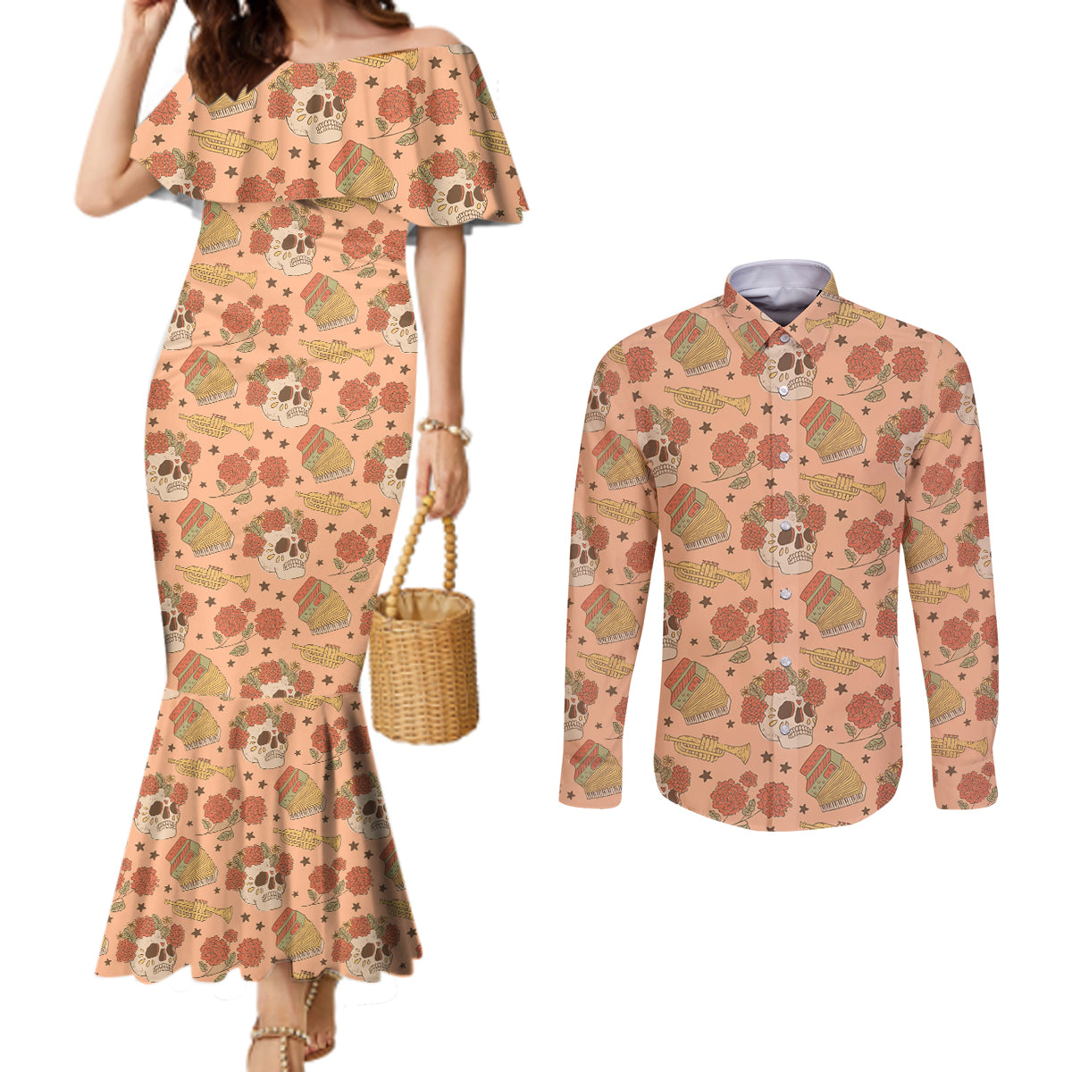day-of-the-dead-couples-matching-mermaid-dress-and-long-sleeve-button-shirt-sugar-skulls