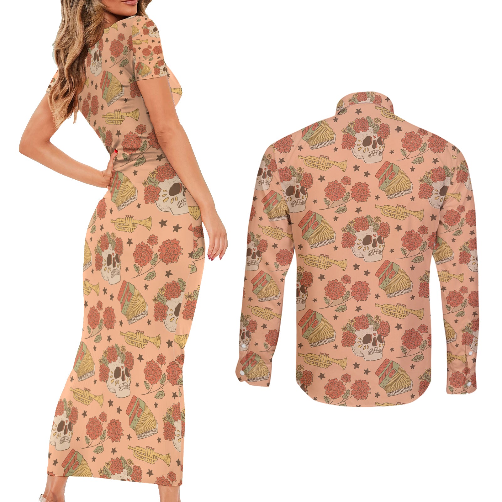 day-of-the-dead-couples-matching-short-sleeve-bodycon-dress-and-long-sleeve-button-shirt-sugar-skulls