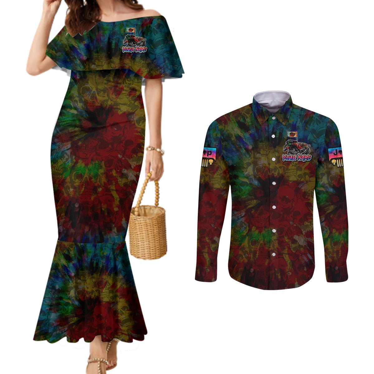 lgbt-jeep-skull-live-with-pride-couples-matching-mermaid-dress-and-long-sleeve-button-shirt