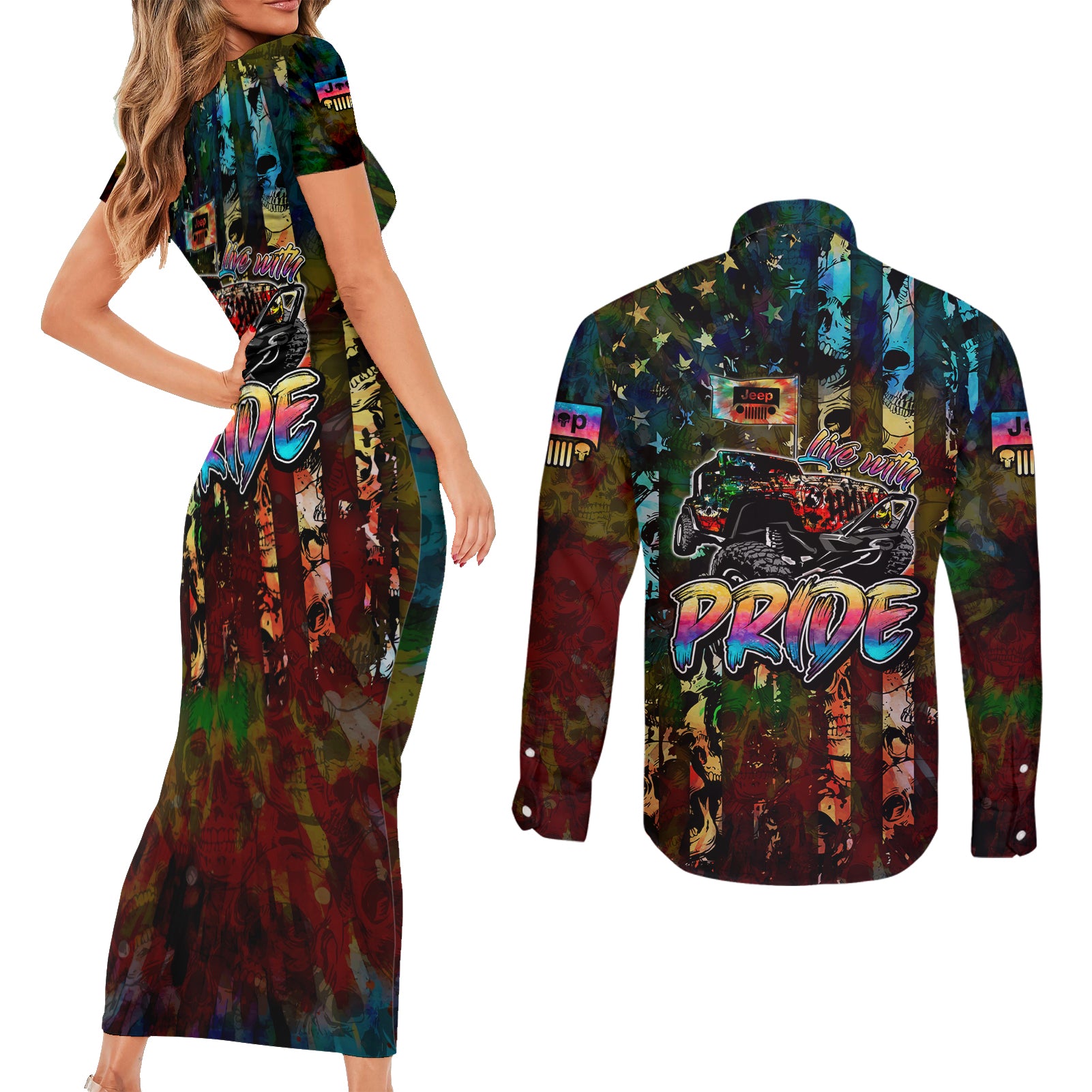 lgbt-jeep-skull-live-with-pride-couples-matching-short-sleeve-bodycon-dress-and-long-sleeve-button-shirt