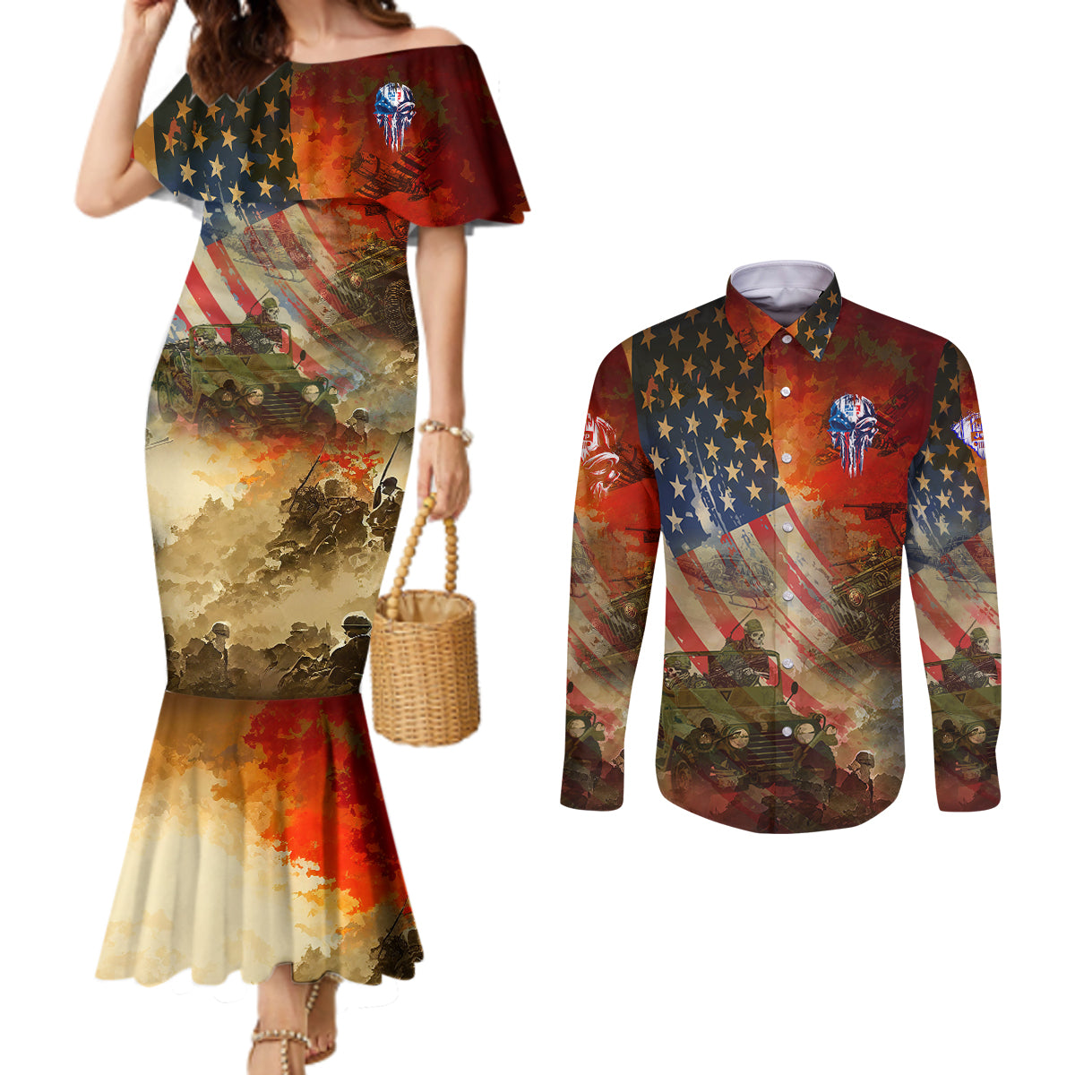 jeep-skull-solider-couples-matching-mermaid-dress-and-long-sleeve-button-shirt-american-flag