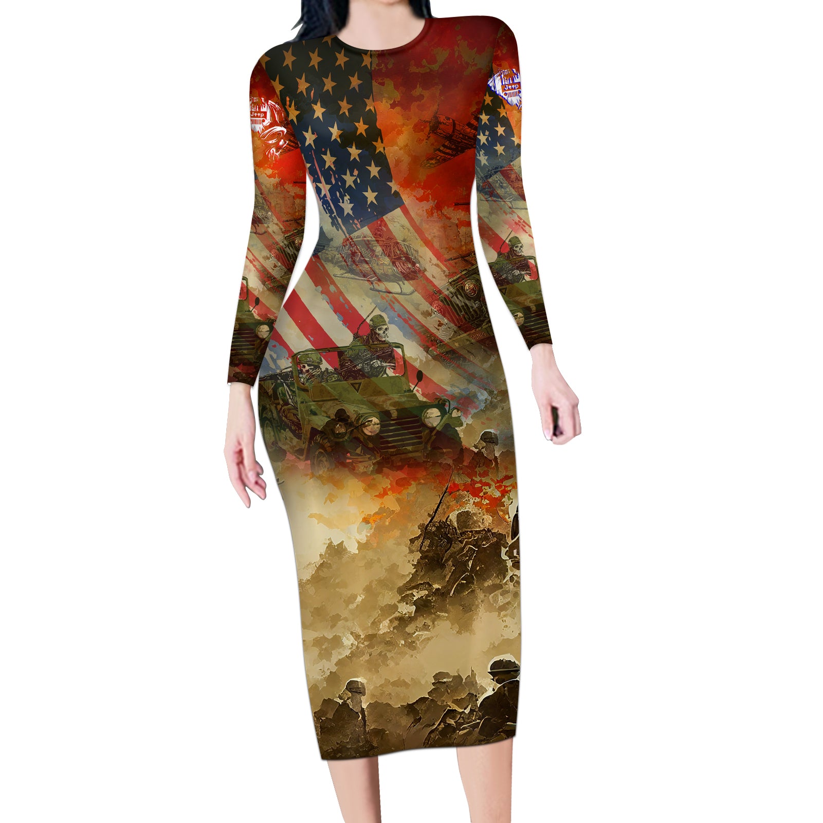 jeep-skull-solider-long-sleeve-bodycon-dress-american-flag