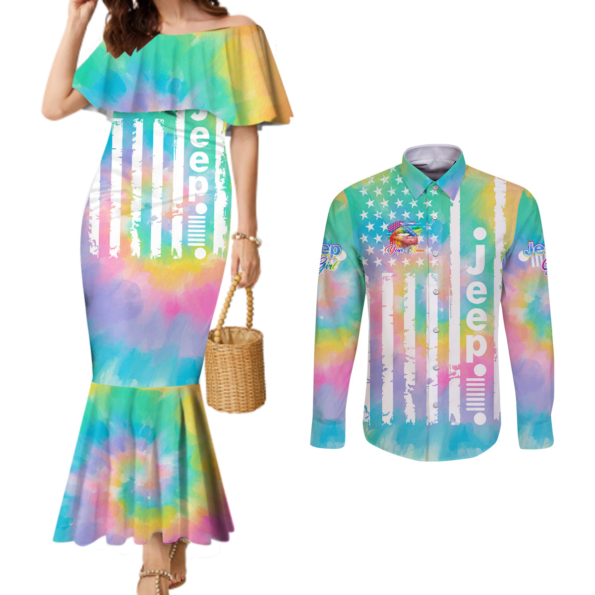 jeep-girl-couples-matching-mermaid-dress-and-long-sleeve-button-shirt-tie-dye-american-flag-lips