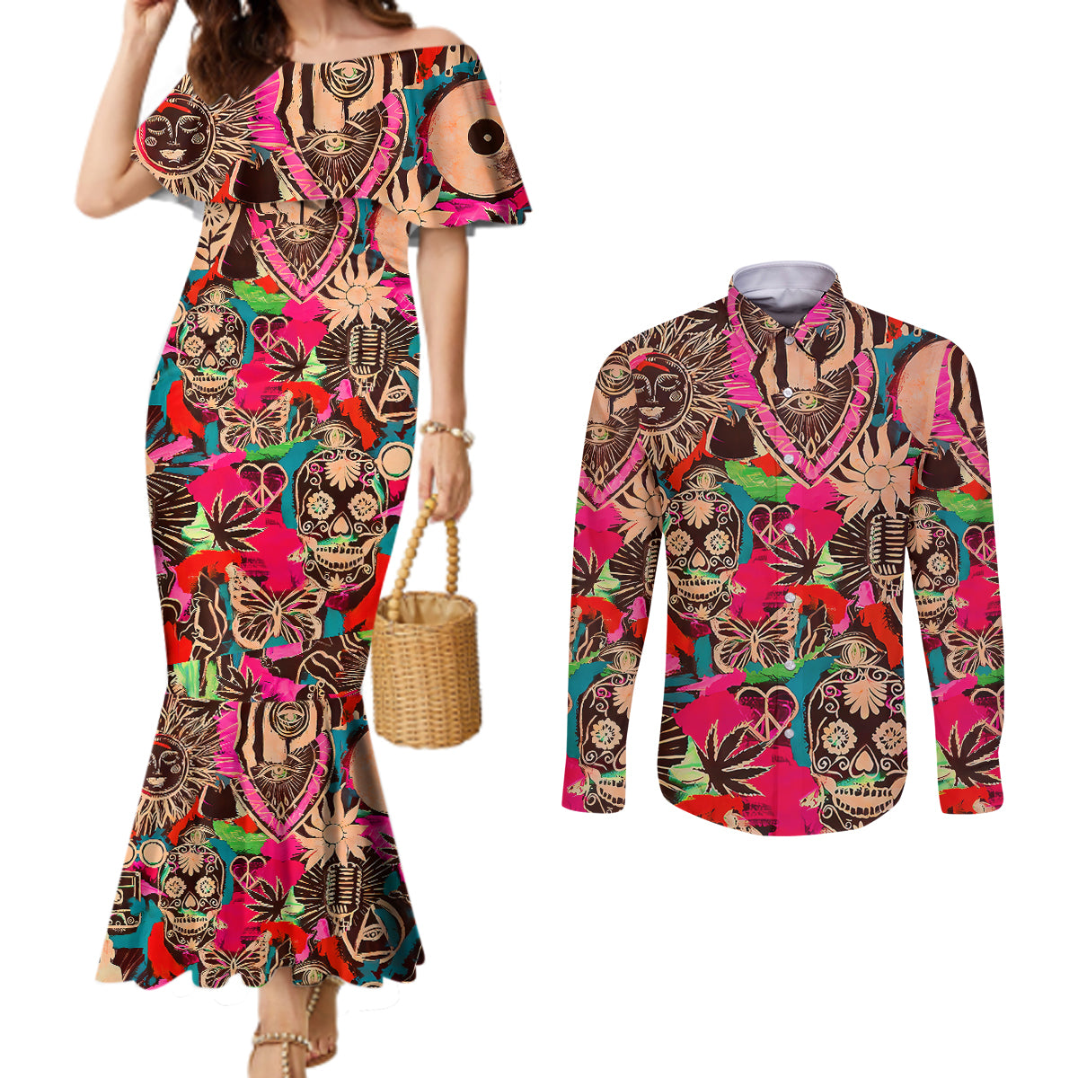 festival-memories-skull-couples-matching-mermaid-dress-and-long-sleeve-button-shirts